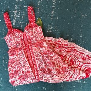 FARM Rio Vibrant Red and White Patterned Dress
